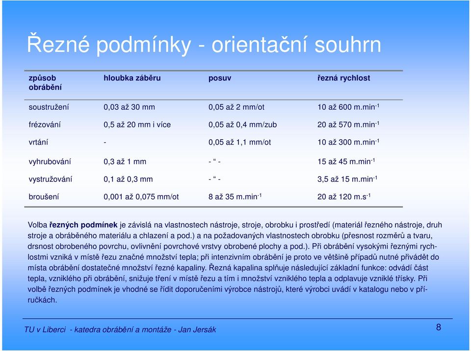 min -1 vysružování 0,1 až 0,3 mm - - 3,5 až 15 m.min -1 broušení 0,001 až 0,075 mm/o 8 až 35 m.min -1 20 až 120 m.