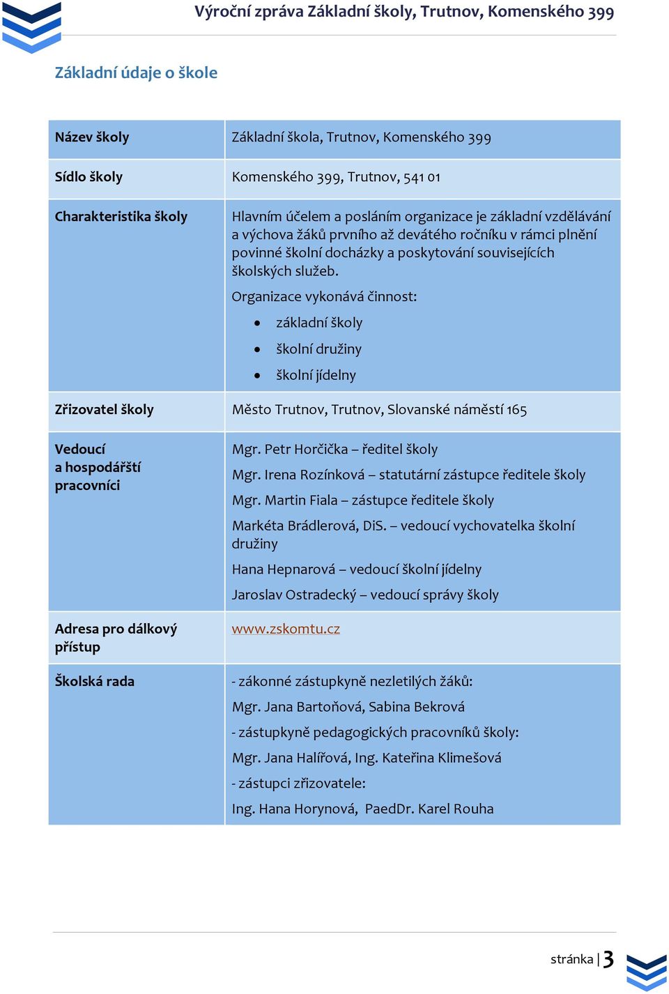 Organizace vykonává činnost: základní školy školní družiny školní jídelny Zřizovatel školy Město Trutnov, Trutnov, Slovanské náměstí 165 Vedoucí a hospodářští pracovníci Adresa pro dálkový přístup