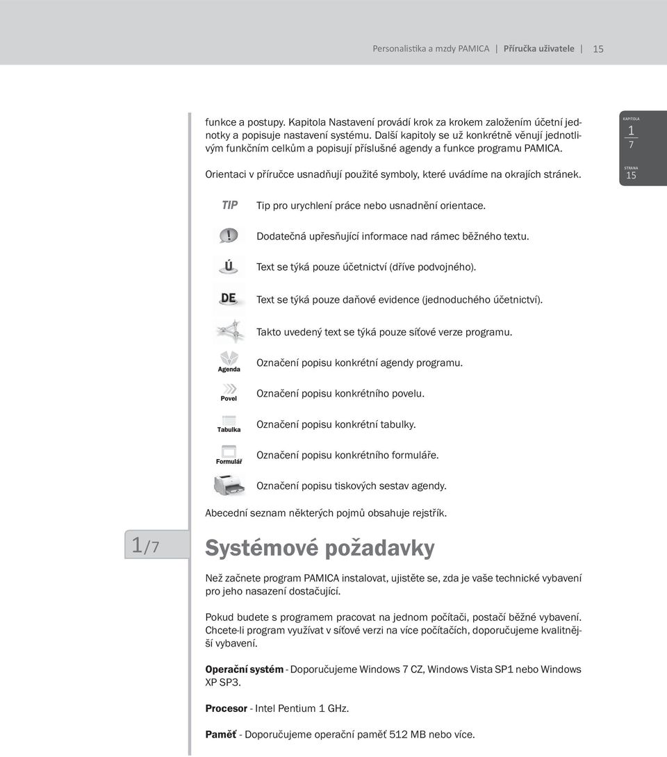 1 7 Orientaci v příručce usnadňují použité symboly, které uvádíme na okrajích stránek. 15 TIP Tip pro urychlení práce nebo usnadnění orientace. Dodatečná upřesňující informace nad rámec běžného textu.