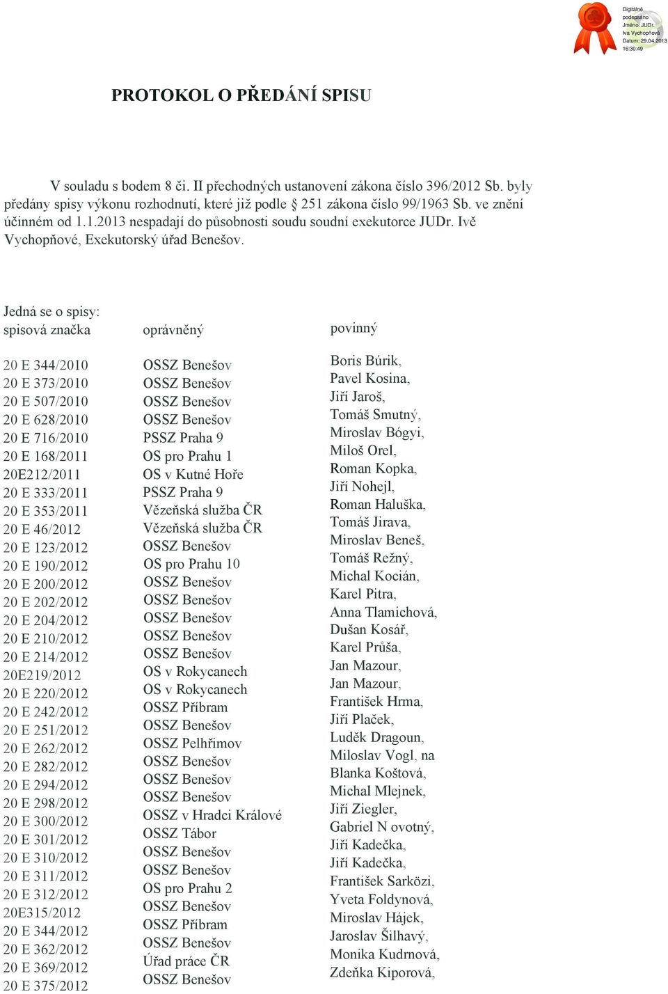 Jedná se o spisy: spisová značka 20 E 344/2010 20 E 373/2010 20 E 507/2010 20 E 628/2010 20 E 716/2010 20 E 168/2011 20E212/2011 20 E 333/2011 20 E 353/2011 20 E 46/2012 20 E 123/2012 20 E 190/2012