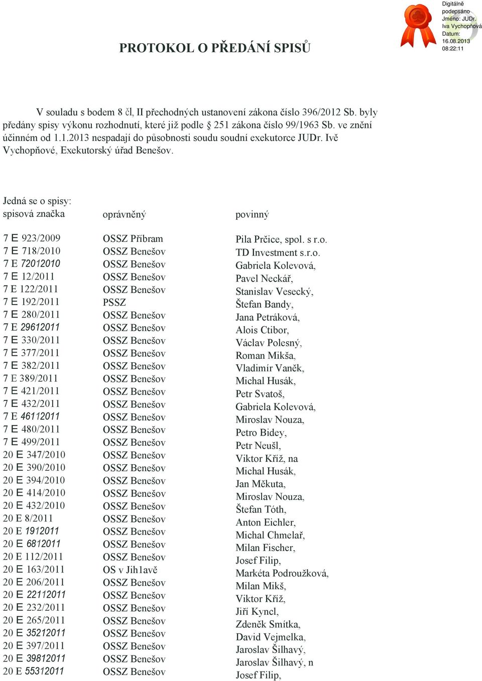 Jedná se o spisy: spisová značka 7 E 923/2009 7 E 718/2010 7 E 72012010 7 E 12/2011 7 E 122/2011 7 E 192/2011 7 E 280/2011 7 E 29612011 7 E 330/2011 7 E 377/2011 7 E 382/2011 7 E 389/2011 7 E