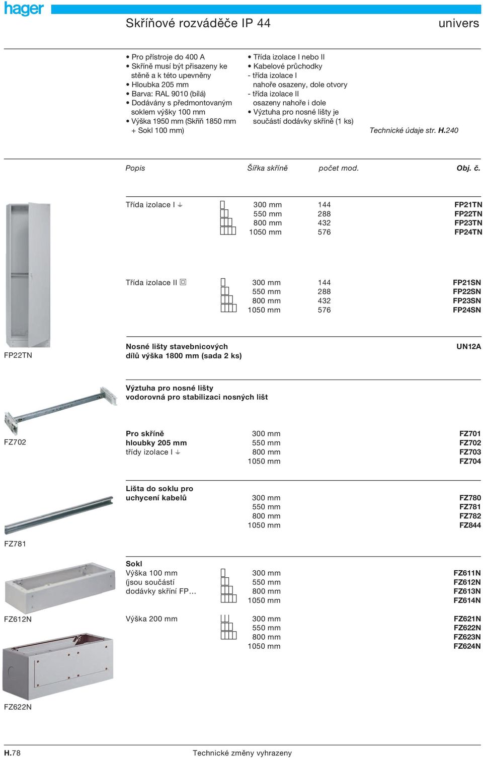 dodávky skříně (1 ks) Technické údaje str. H.240 Popis Šířka skříně počet mod. Obj. č.