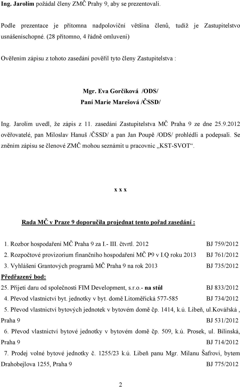 zasedání Zastupitelstva MČ Praha 9 ze dne 25.9.2012 ověřovatelé, pan Miloslav Hanuš /ČSSD/ a pan Jan Poupě /ODS/ prohlédli a podepsali.