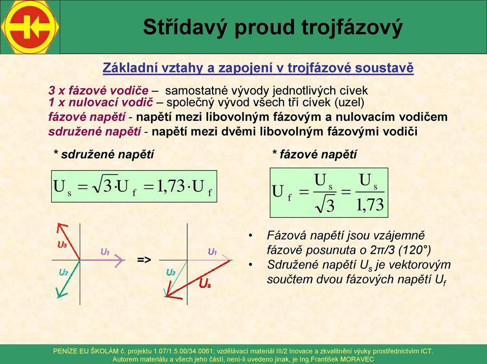 napětí mezi dvěmi libovolným fázovými vodiči * sdružené napětí * fázové napětí U s 3U 1, 73U f f U f U s 3 U s 1,73 =>