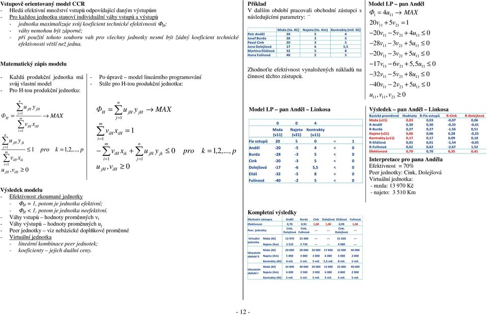 Matematický zápis modelu - Každá podukčí jedotka má svůj vlastí model - Po H-tou podukčí jedotku: Φ H j = m = ih i= u u v,v ih j= m ih i= y x jk ik u v y x ih MAX po k =,,.