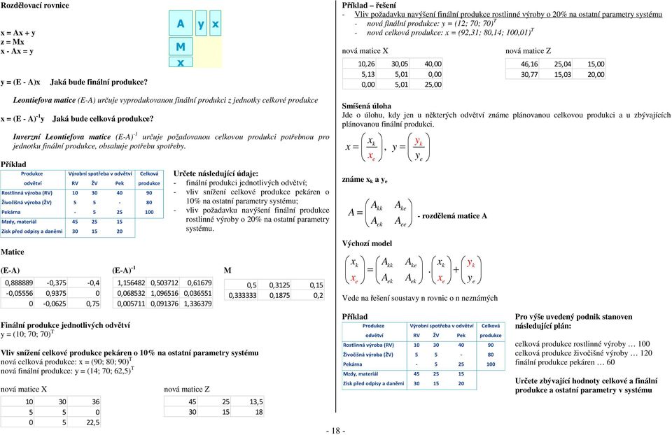 3,5 4, 5,3 5,,, 5, 5, 46,6 5,4 5, 3,77 5,3, Leotiefova matice (E-A) učuje vypodukovaou fiálí podukci z jedotky celkové podukce x = (E - A) - y Jaká bude celková podukce?