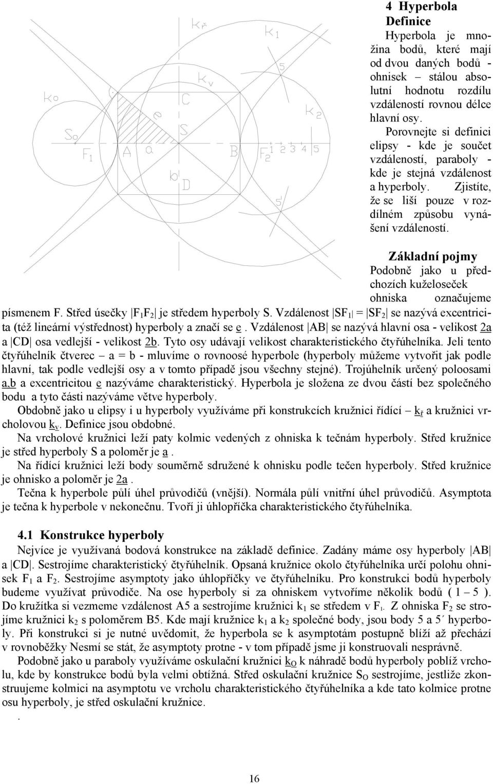 Základní pojmy Podobně jako u předchozích kuželoseček ohniska označujeme písmenem F. Střed úsečky F 1 F 2 je středem hyperboly S.