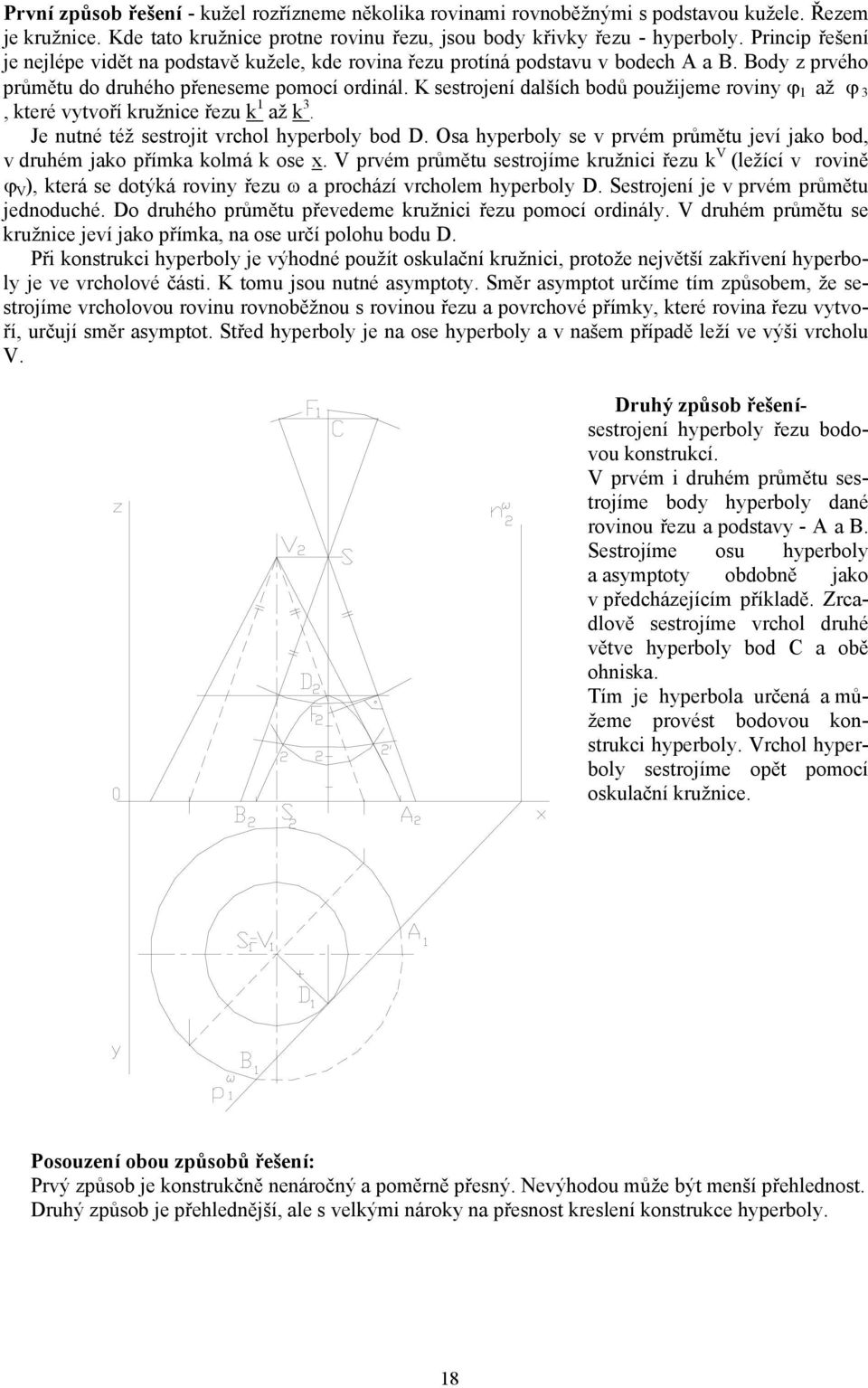 K sestrojení dalších bodů použijeme roviny ϕ 1 až ϕ 3, které vytvoří kružnice řezu k 1 až k 3. Je nutné též sestrojit vrchol hyperboly bod D.