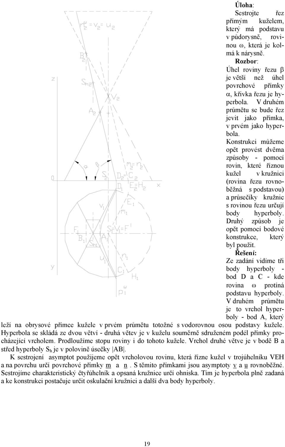 Konstrukci můžeme opět provést dvěma způsoby - pomocí rovin, které říznou kužel v kružnici (rovina řezu rovnoběžná s podstavou) a průsečíky kružnic s rovinou řezu určují body hyperboly.