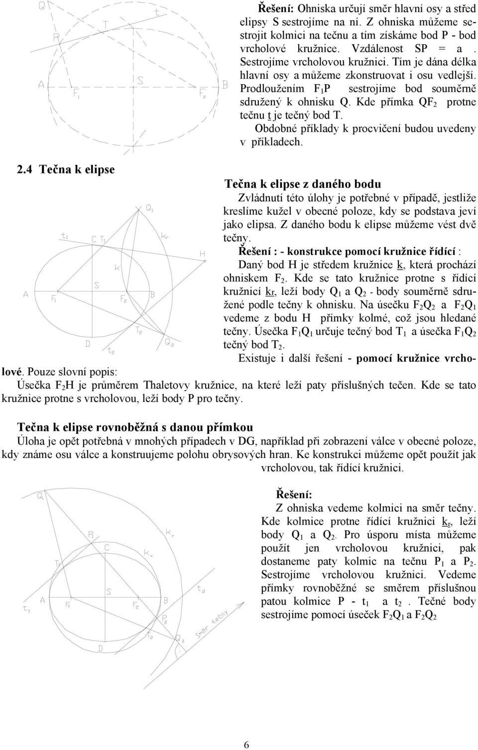 Kde přímka QF 2 protne tečnu t je tečný bod T. Obdobné příklady k procvičení budou uvedeny v příkladech. 2.4 Tečna k elipse Tečna k elipse z daného bodu Zvládnutí této úlohy je potřebné v případě, jestliže kreslíme kužel v obecné poloze, kdy se podstava jeví jako elipsa.