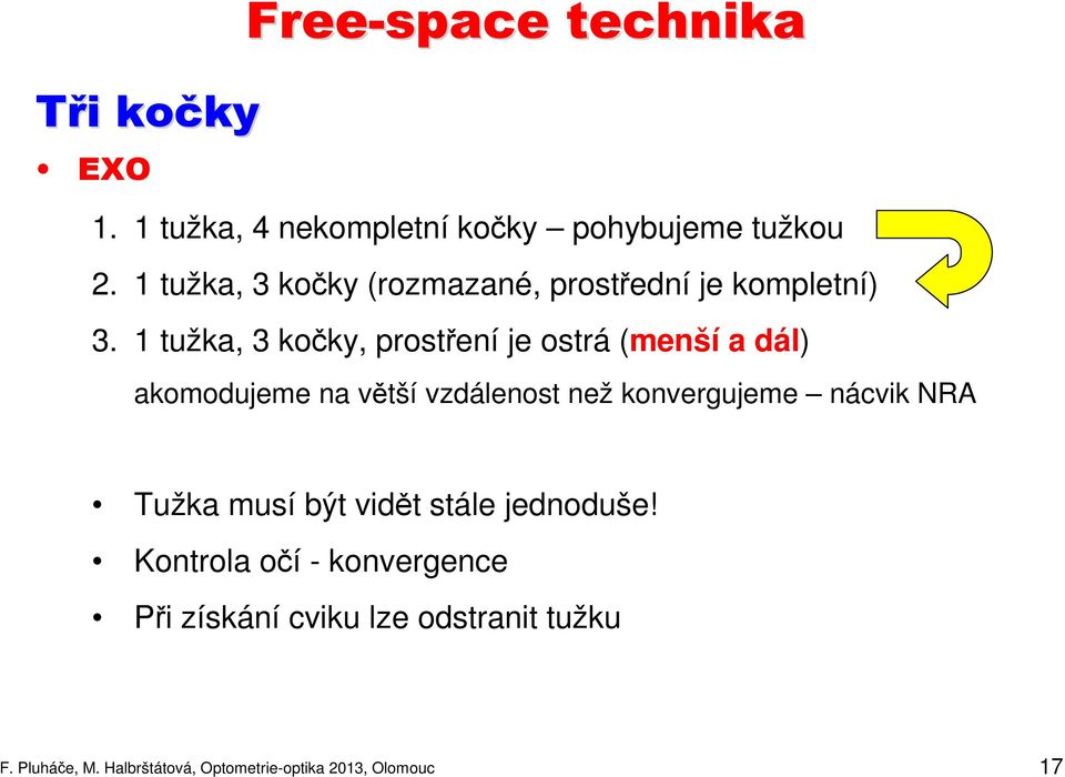 1 tužka, 3 kočky, prostření je ostrá (menší a dál) akomodujeme na větší vzdálenost než konvergujeme