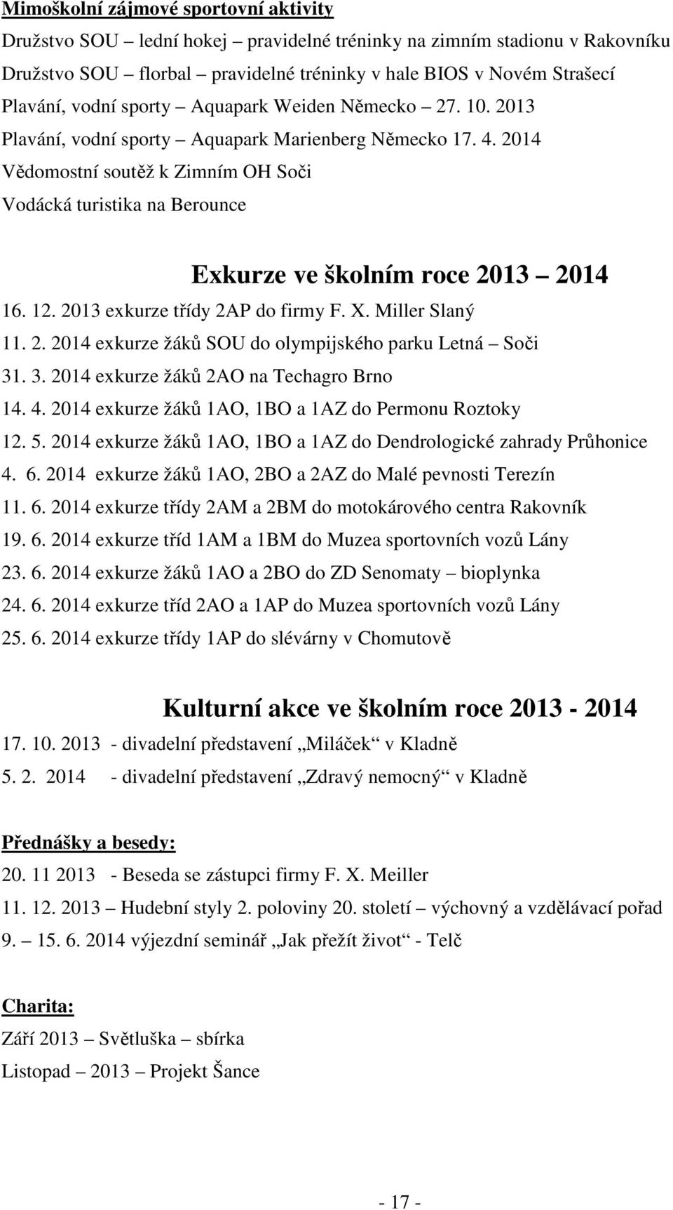 2014 Vědomostní soutěž k Zimním OH Soči Vodácká turistika na Berounce Exkurze ve školním roce 2013 2014 16. 12. 2013 exkurze třídy 2AP do firmy F. X. Miller Slaný 11. 2. 2014 exkurze žáků SOU do olympijského parku Letná Soči 31.