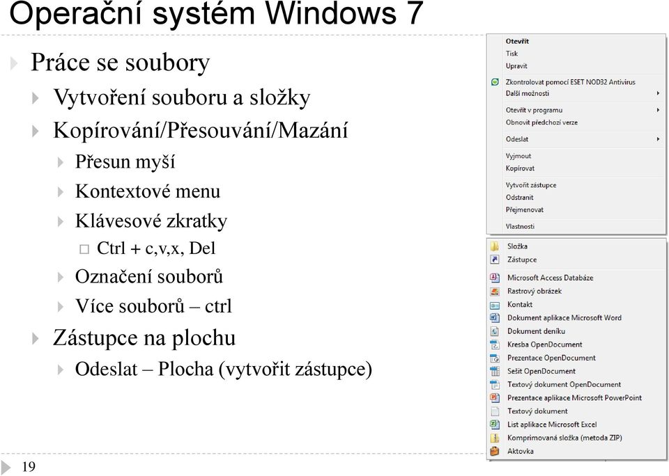 Klávesové zkratky Ctrl + c,v,x, Del Označení souborů Více