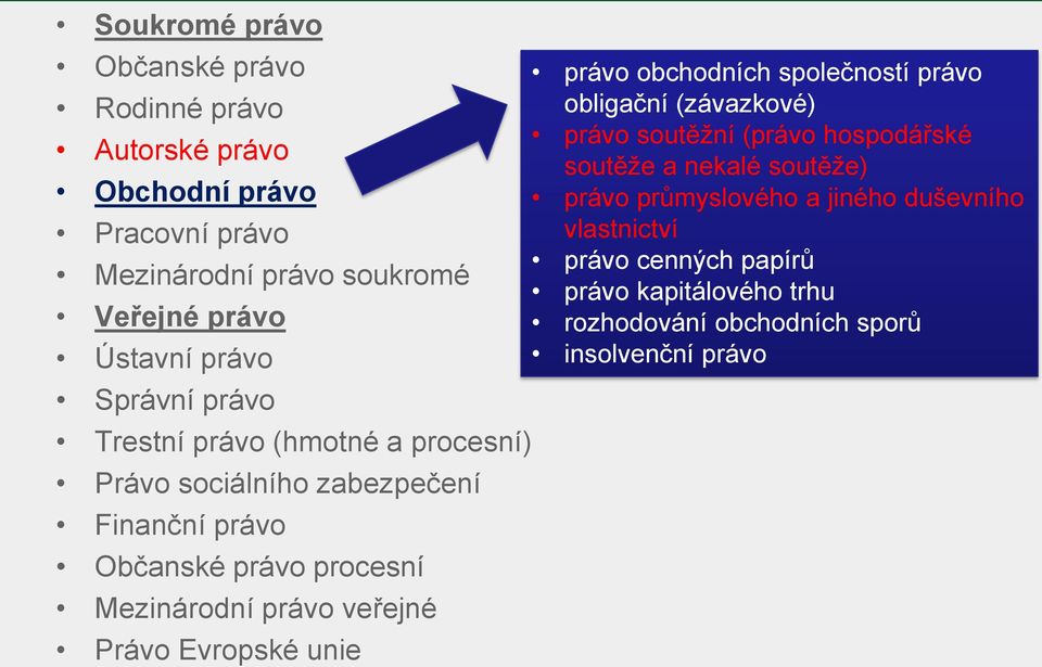 veřejné Právo Evropské unie právo obchodních společností právo obligační (závazkové) právo soutěžní (právo hospodářské soutěže a nekalé