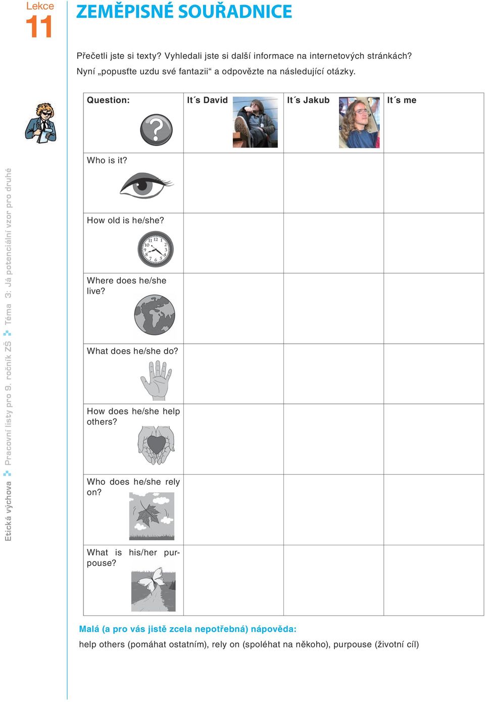 Etická výchova Pracovní listy pro 9. ročník ZŠ Téma 3: Já potenciální vzor pro druhé How old is he/she? Where does he/she live? What does he/she do?