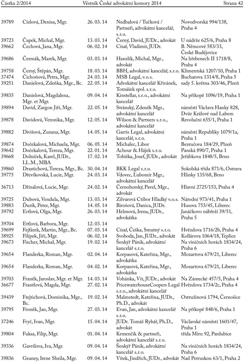 , Na hřebenech II 1718/8, Praha 4 39758 Černý, Štěpán, Mgr. 18. 03. 14 BBH, ní kancelář, s. r. o. Klimentská 1207/10, 37474 Čichoňová, Petra, Mgr. 24. 03. 14 MSB Legal, v. o. s. Bucharova 1314/8, Praha 5 39251 Danielová, Zdeňka, Mgr.