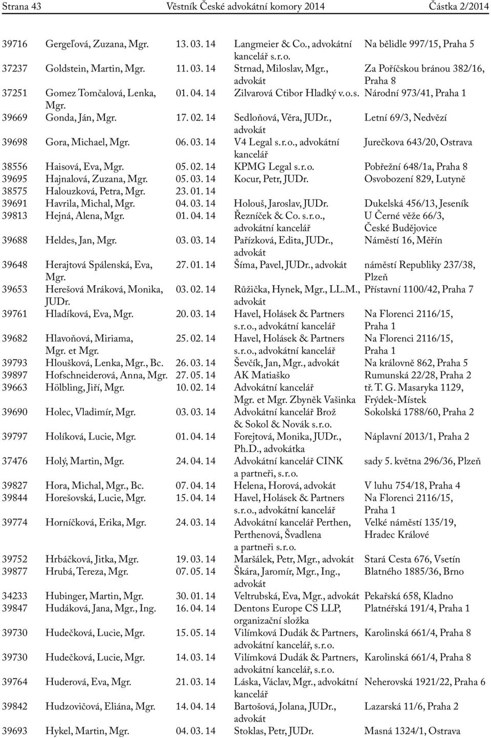 , Letní 69/3, Nedvězí 39698 Gora, Michael, Mgr. 06. 03. 14 V4 Legal s. r. o., ní Jurečkova 643/20, Ostrava kancelář 38556 Haisová, Eva, Mgr. 05. 02. 14 KPMG Legal s. r. o. Pobřežní 648/1a, Praha 8 39695 Hajnalová, Zuzana, Mgr.