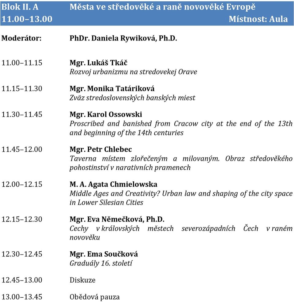 00 Mgr. Petr Chlebec Taverna místem zlořečeným a milovaným. Obraz středověkého pohostinství v narativních pramenech 12.00 12.15 M. A. Agata Chmielowska Middle Ages and Creativity?
