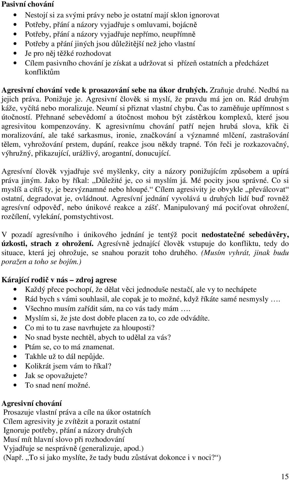 prosazování sebe na úkor druhých. Zraňuje druhé. Nedbá na jejich práva. Ponižuje je. Agresivní člověk si myslí, že pravdu má jen on. Rád druhým káže, vyčítá nebo moralizuje.