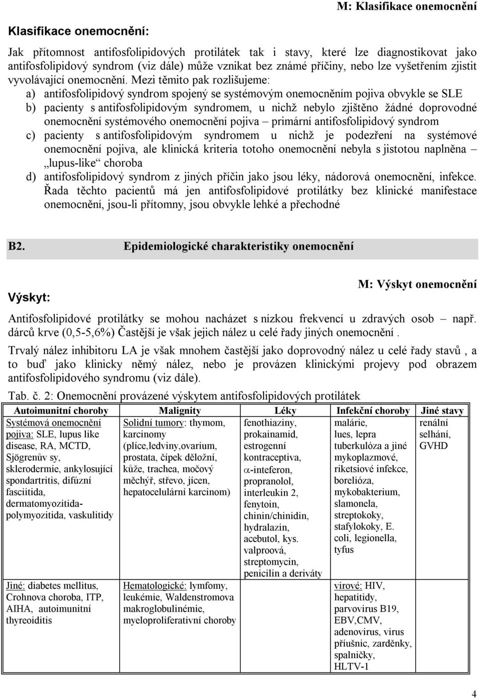 Mezi těmito pak rozlišujeme: a) antifosfolipidový syndrom spojený se systémovým onemocněním pojiva obvykle se SLE b) pacienty s antifosfolipidovým syndromem, u nichž nebylo zjištěno žádné doprovodné