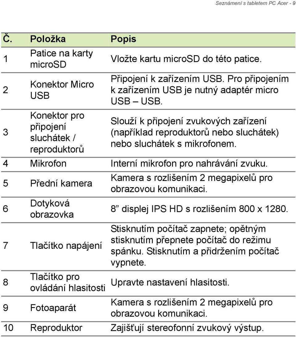 4 Mikrofon Interní mikrofon pro nahrávání zvuku. 5 Přední kamera 6 Dotyková obrazovka 7 Tlačítko napájení 8 Tlačítko pro ovládání hlasitosti Kamera s rozlišením 2 megapixelů pro obrazovou komunikaci.