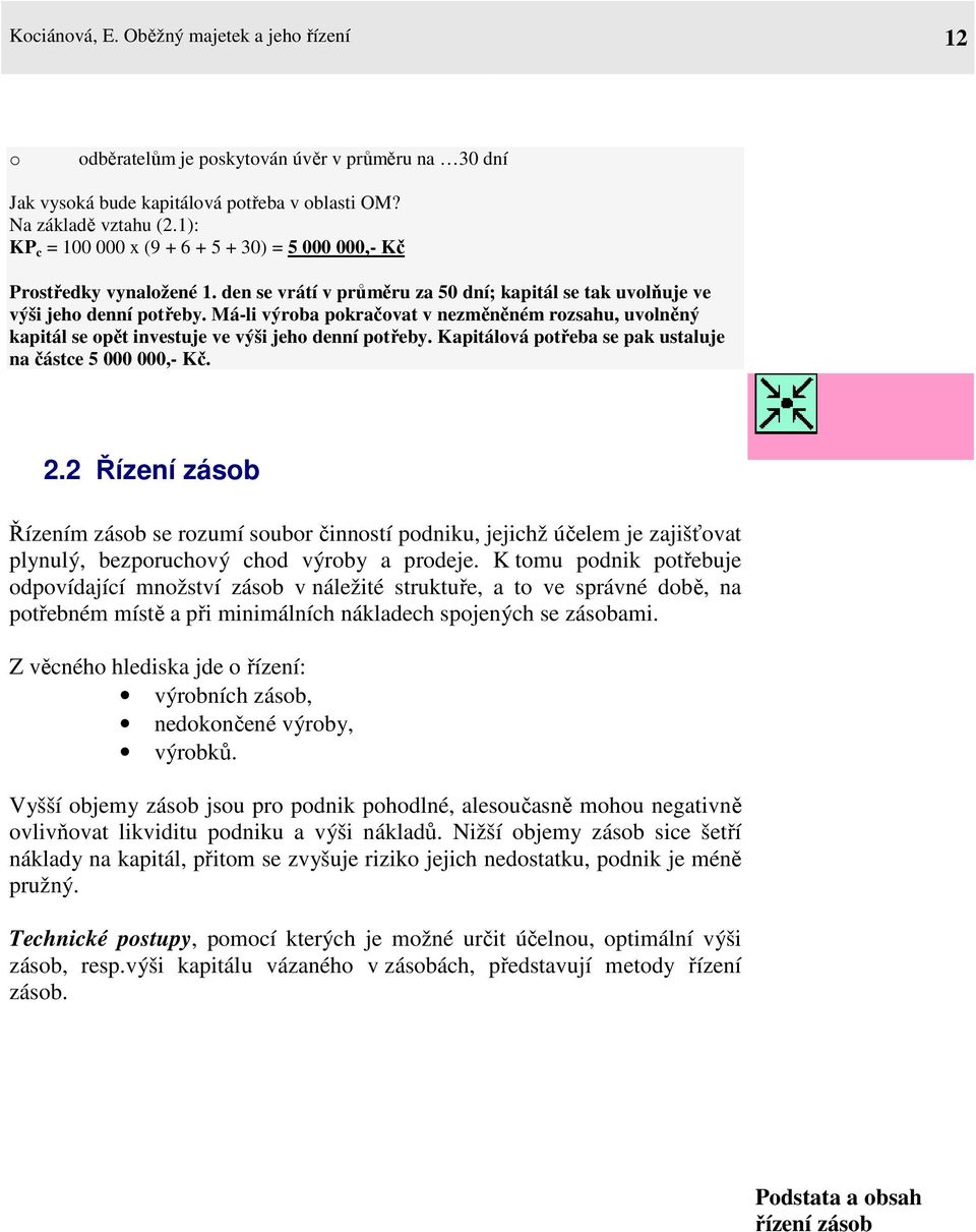 Má-li výroba pokračovat v nezměněném rozsahu, uvolněný kapitál se opět investuje ve výši jeho denní potřeby. Kapitálová potřeba se pak ustaluje na částce 5 000 000,- Kč. 2.