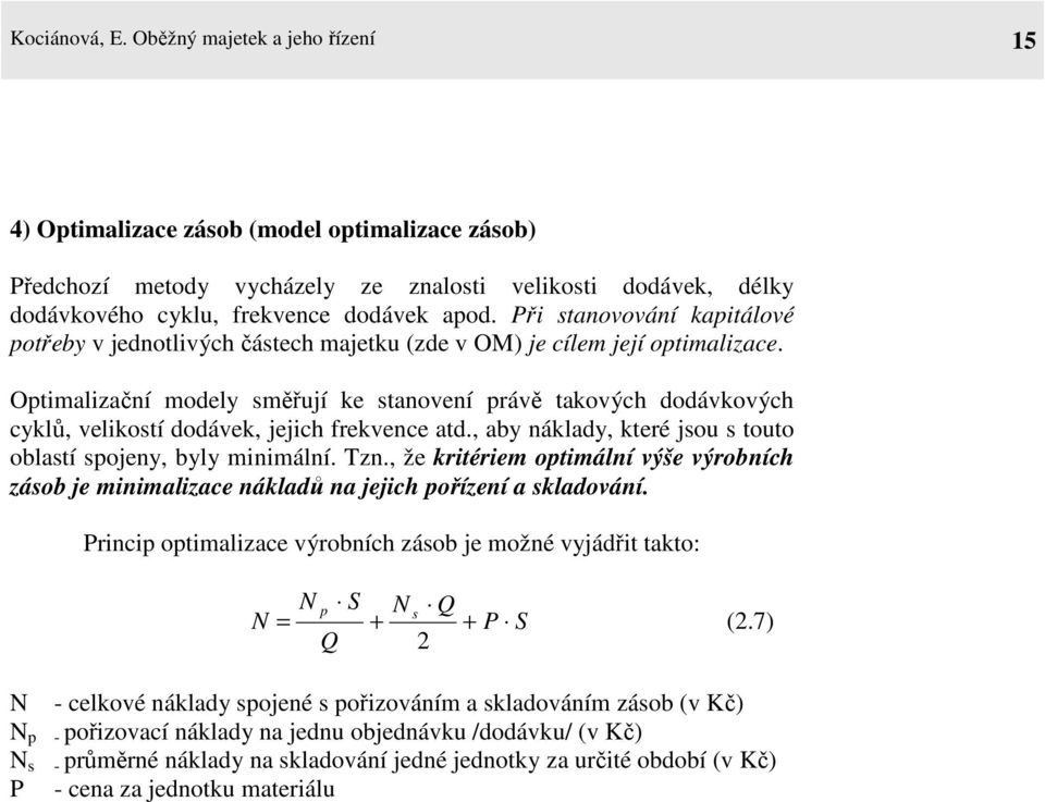 Při stanovování kapitálové potřeby v jednotlivých částech majetku (zde v OM) je cílem její optimalizace.