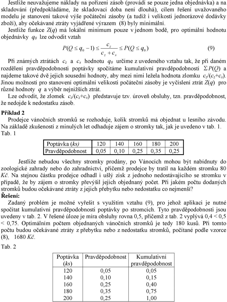 Jestliže funkce Z() má lokální minimum pouze v jednom bodě, pro optimální hodnotu objednávky lze odvodit vztah cz P( Q ) P( Q ) (9) cz + cs Při známých ztrátách c z a c s hodnotu určíme z uvedeného