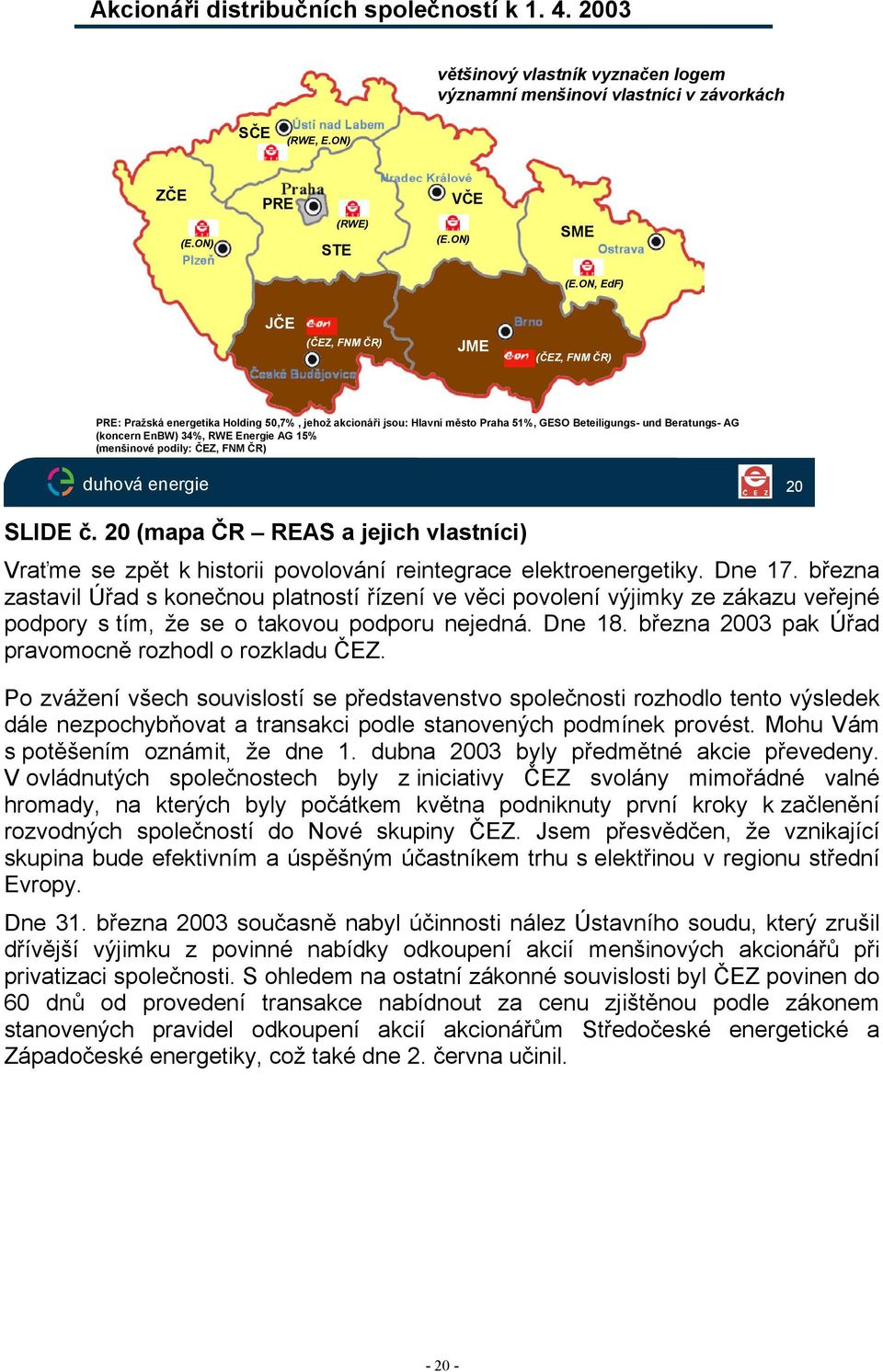 AG 15% (menšinové podíly: ČEZ, FNM ČR) 20 SLIDE č. 20 (mapa ČR REAS a jejich vlastníci) Vraťme se zpět k historii povolování reintegrace elektroenergetiky. Dne 17.