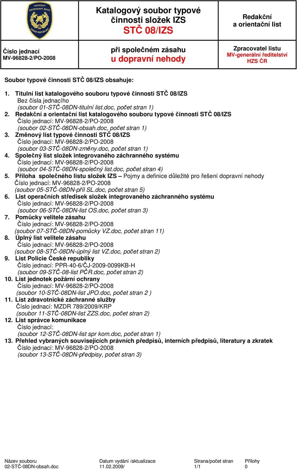 Redakční a orientační list katalogového souboru typové činnosti : (soubor 02-STČ-08DN-obsah.doc, počet stran 1) 3. Změnový list typové činnosti : (soubor 03-STČ-08DN-změny.doc, počet stran 1) 4.