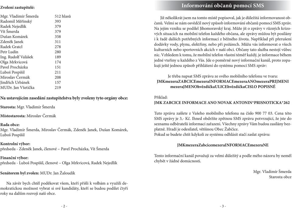 Jan Všetička 219 Na ustavujícím zasedání zastupitelstva byly zvoleny tyto orgány obce: Starosta: Mgr. Vladimír Šmerda Místostarosta: Miroslav Čermák Rada obce: Mgr.