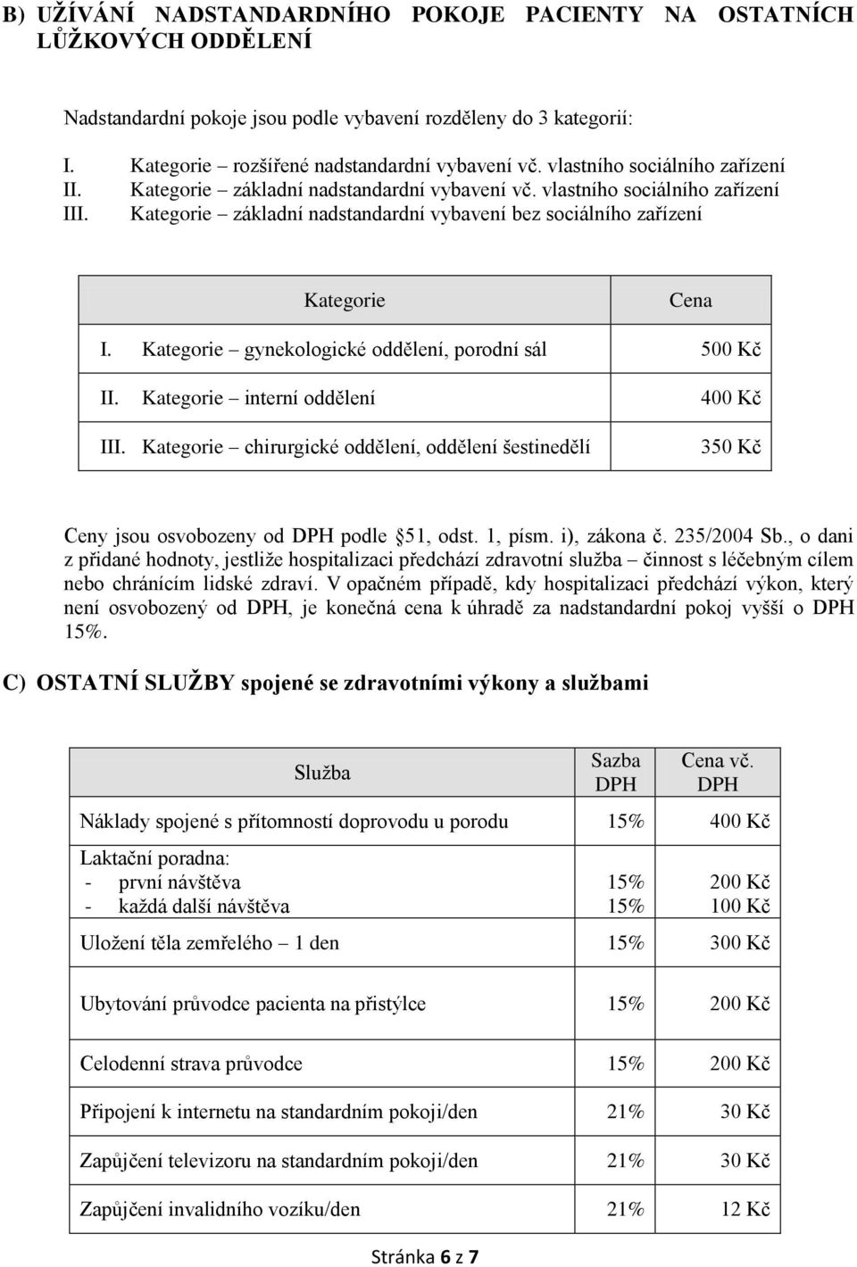 Kategorie gynekologické oddělení, porodní sál 500 Kč II. Kategorie interní oddělení 400 Kč III. Kategorie chirurgické oddělení, oddělení šestinedělí 3 Ceny jsou osvobozeny od podle 51, odst. 1, písm.