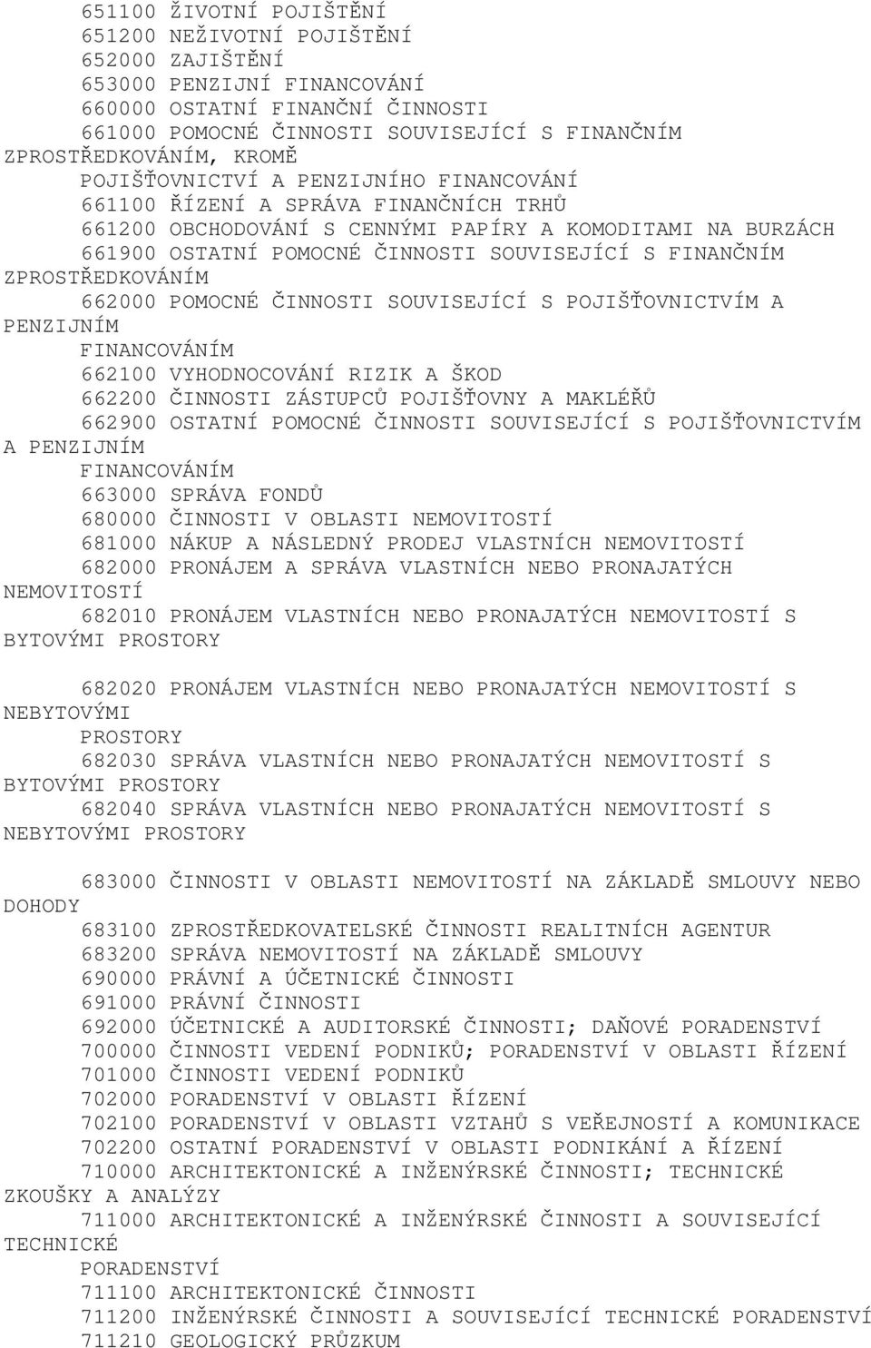 FINANČNÍM ZPROSTŘEDKOVÁNÍM 662000 POMOCNÉ ČINNOSTI SOUVISEJÍCÍ S POJIŠŤOVNICTVÍM A PENZIJNÍM FINANCOVÁNÍM 662100 VYHODNOCOVÁNÍ RIZIK A ŠKOD 662200 ČINNOSTI ZÁSTUPCŮ POJIŠŤOVNY A MAKLÉŘŮ 662900