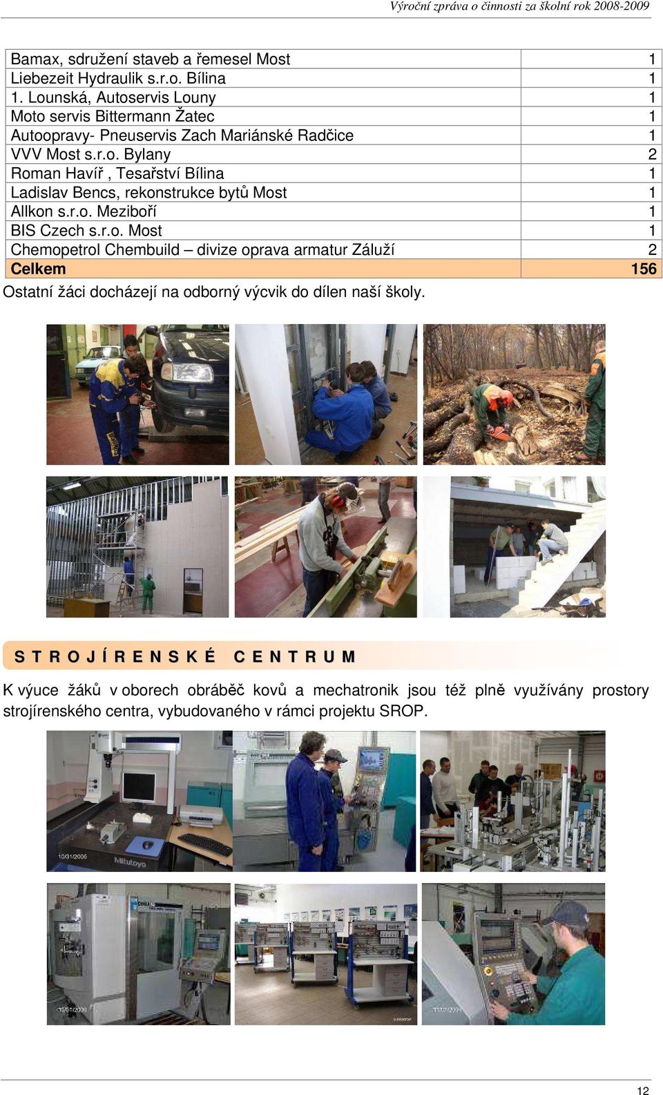 r.o. Meziboří 1 BIS Czech s.r.o. Most 1 Chemopetrol Chembuild divize oprava armatur Záluží 2 Celkem 156 Ostatní žáci docházejí na odborný výcvik do dílen naší školy.