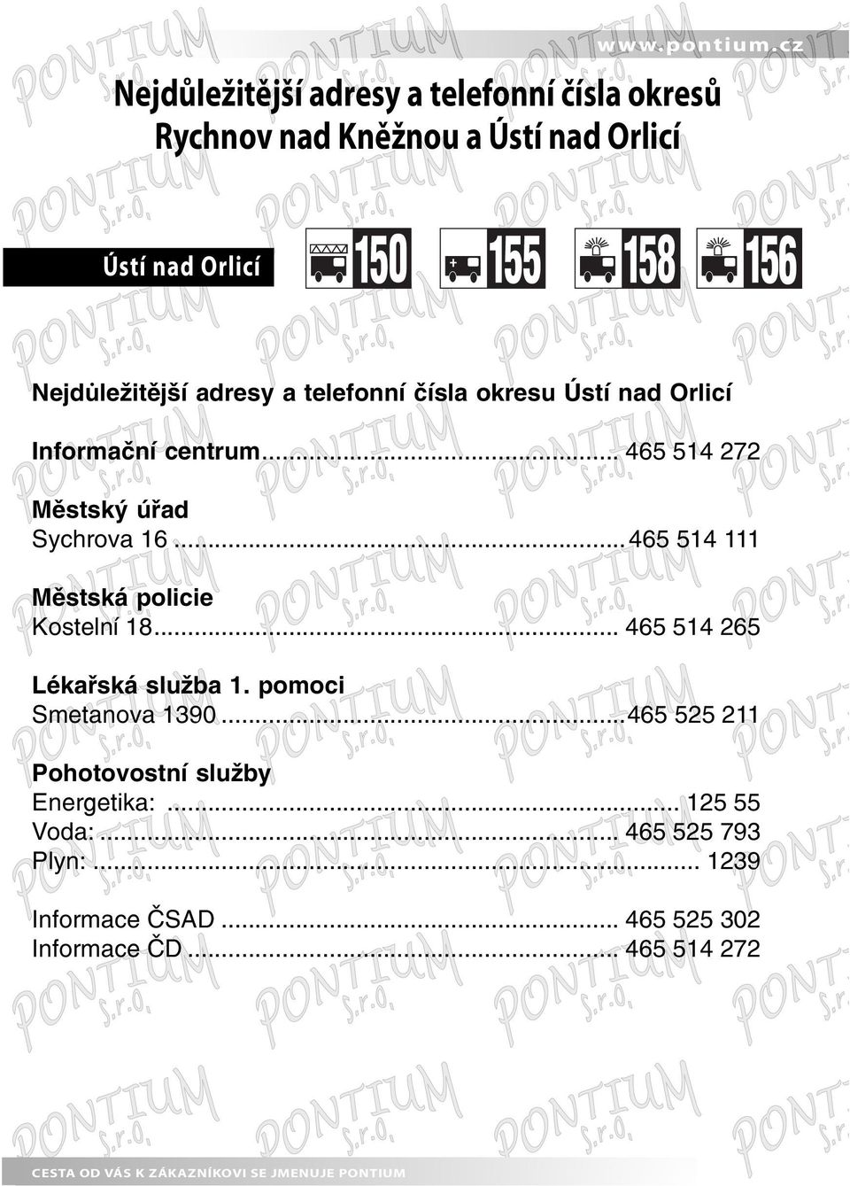 ..465 514 111 Městská policie Kostelní 18... 465 514 265 Lékařská služba 1. pomoci Smetanova 1390.