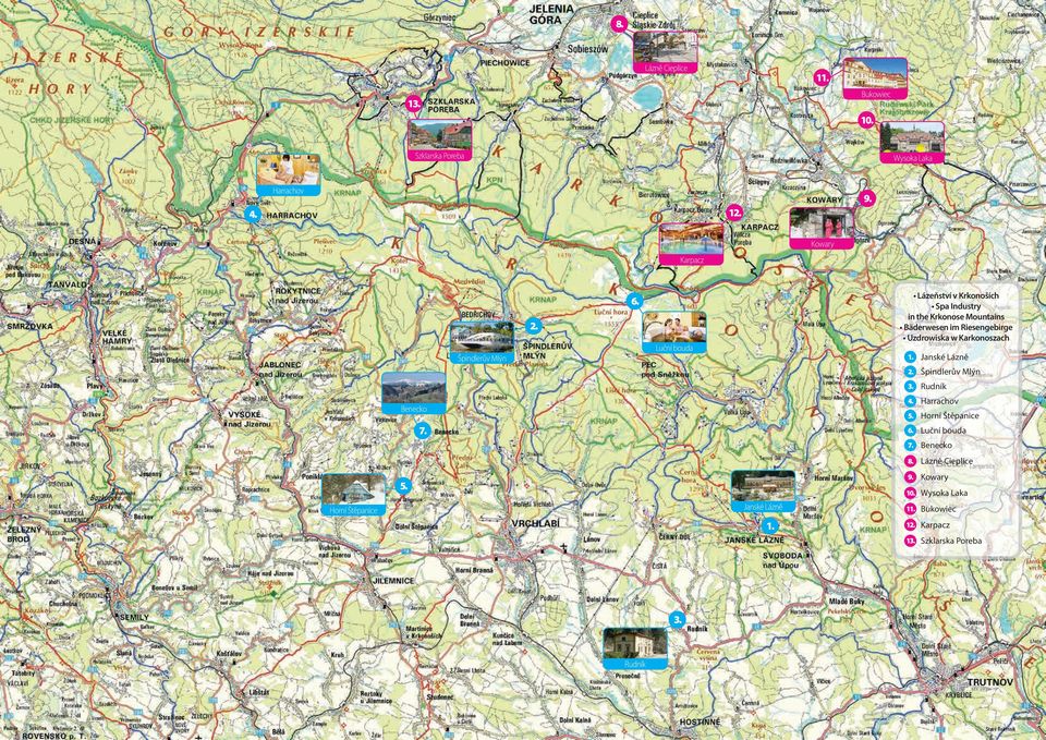 Karkonoszach 1. Janské Lázně 2. Špindlerův Mlýn 3. Rudník Benecko 7. 4. Harrachov 5. Horní Štěpanice 6. Luční bouda 7.