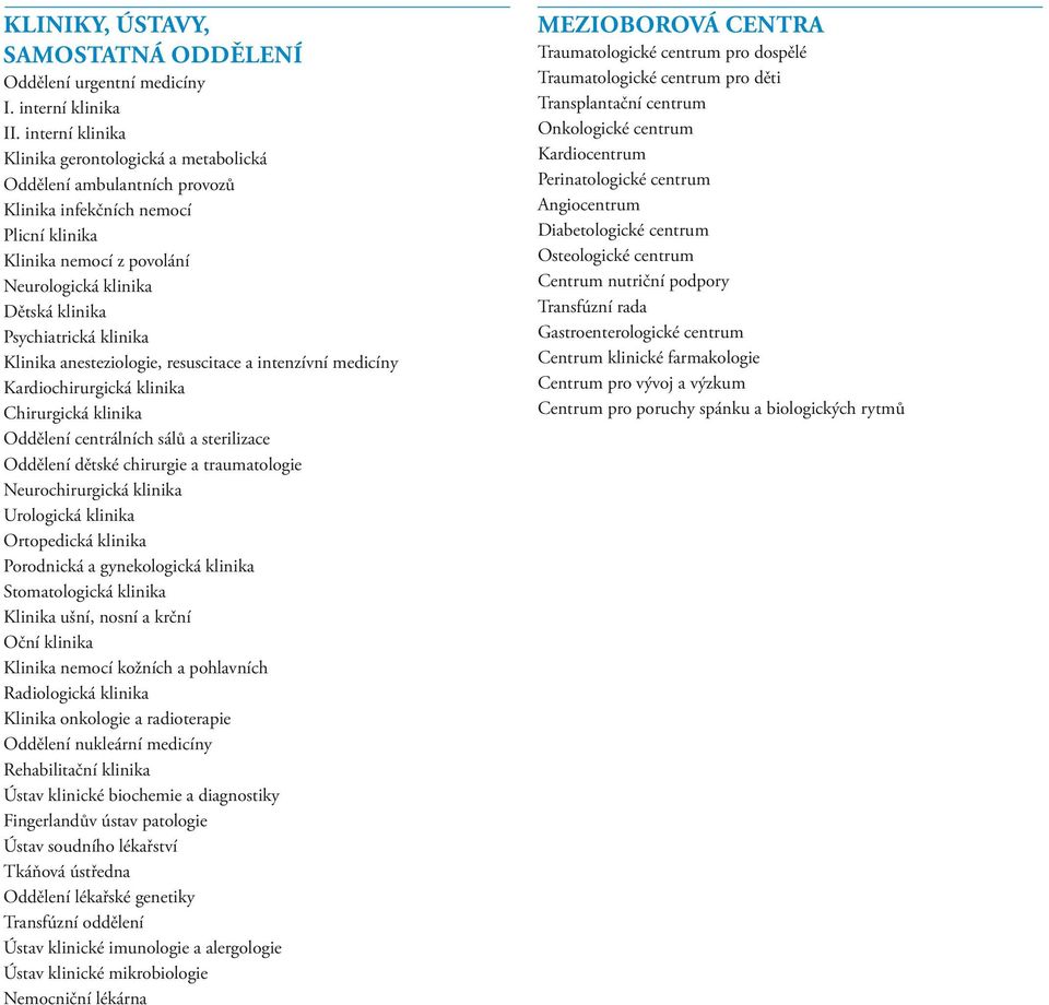 klinika Klinika anesteziologie, resuscitace a intenzívní medicíny Kardiochirurgická klinika Chirurgická klinika Oddělení centrálních sálů a sterilizace Oddělení dětské chirurgie a traumatologie