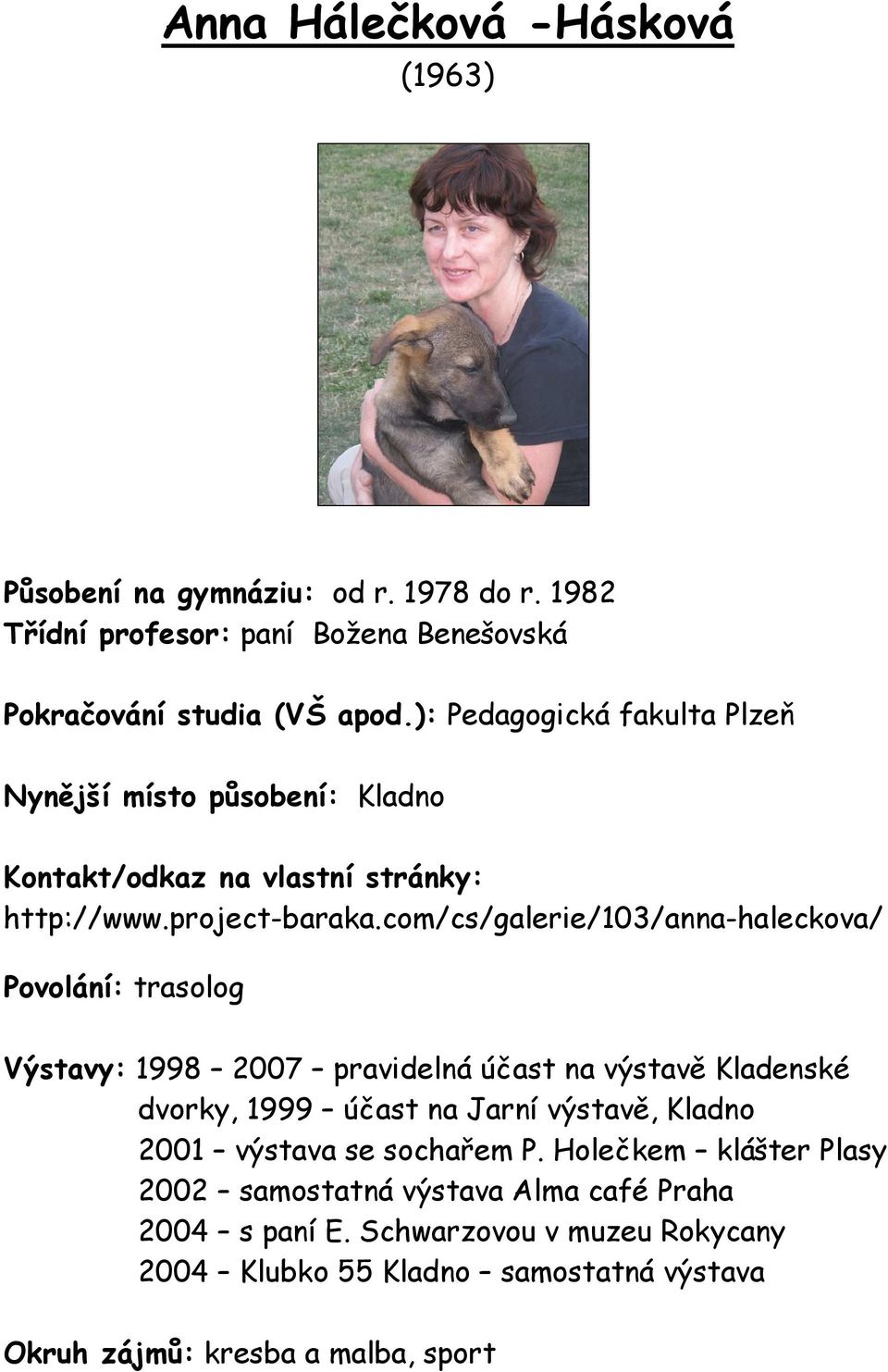 com/cs/galerie/103/anna-haleckova/ Povolání: trasolog Výstavy: 1998 2007 pravidelná účast na výstavě Kladenské dvorky, 1999 účast na Jarní výstavě, Kladno