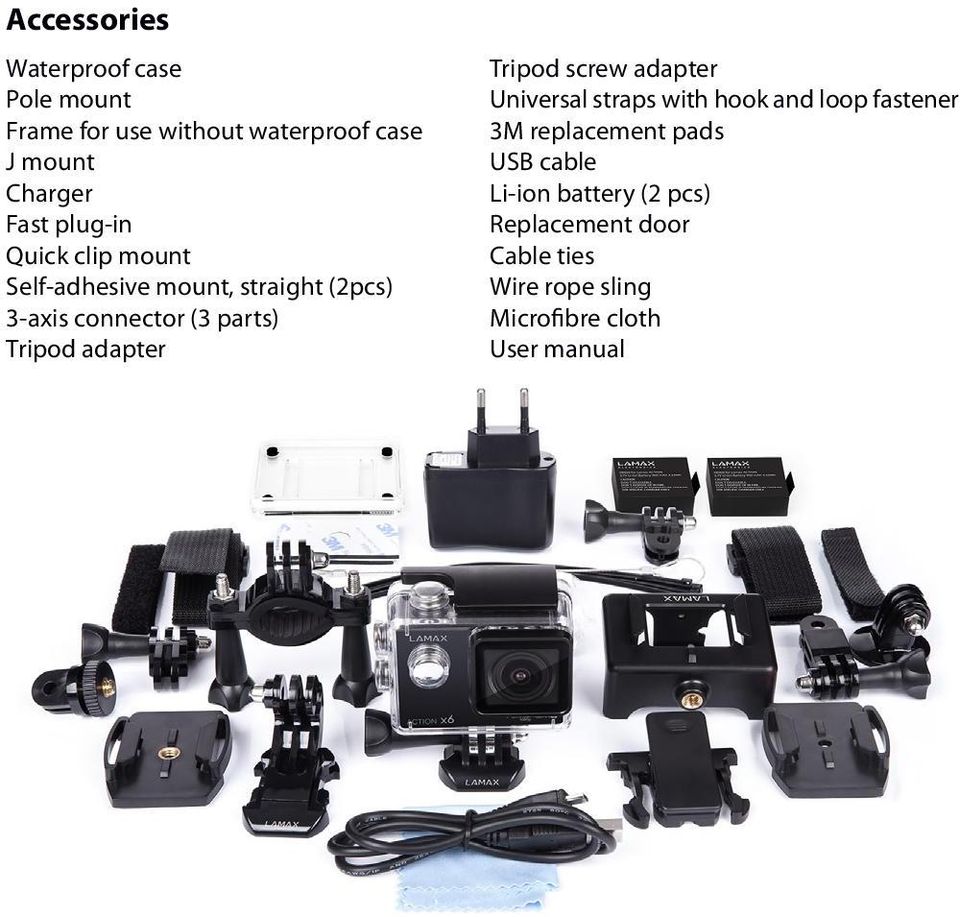 adapter Tripod screw adapter Universal straps with hook and loop fastener 3M replacement pads USB