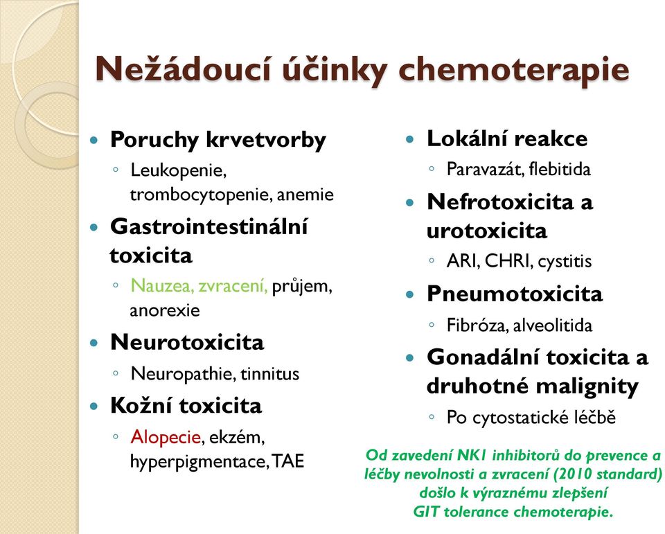 Nefrotoxicita a urotoxicita ARI, CHRI, cystitis Pneumotoxicita Fibróza, alveolitida Gonadální toxicita a druhotné malignity Po cytostatické