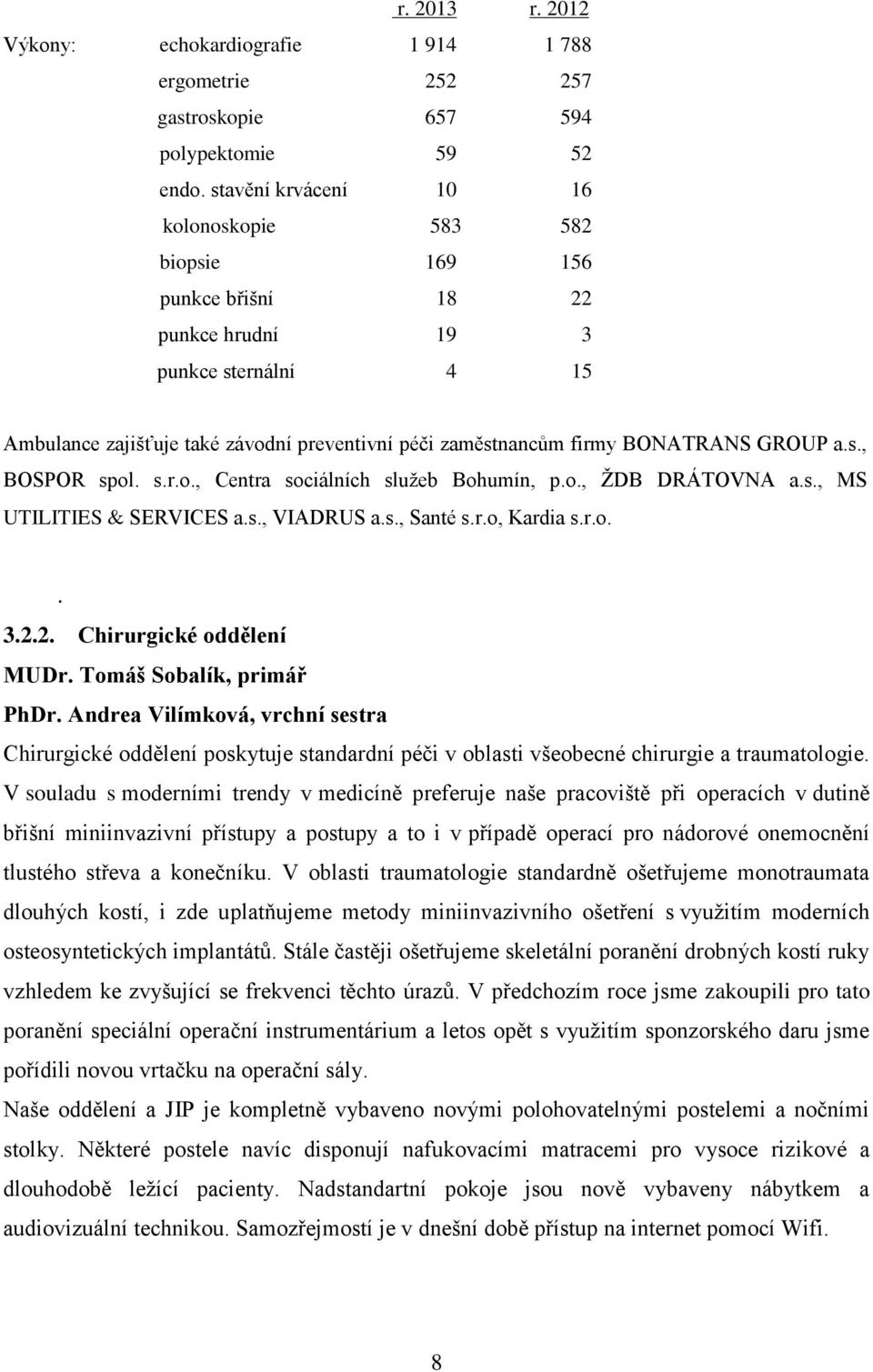 GROUP a.s., BOSPOR spol. s.r.o., Centra sociálních služeb Bohumín, p.o., ŽDB DRÁTOVNA a.s., MS UTILITIES SERVICES a.s., VIADRUS a.s., Santé s.r.o, Kardia s.r.o.. 3.2.2. Chirurgické oddělení MUDr.