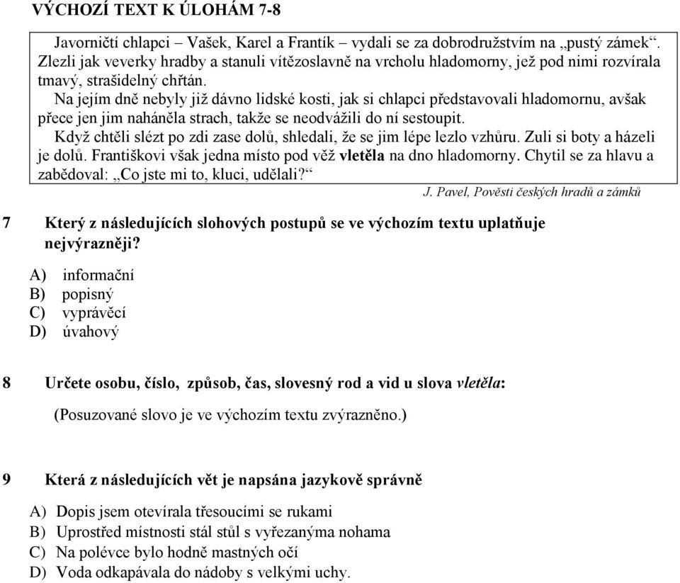 Na jejím dně nebyly již dávno lidské kosti, jak si chlapci představovali hladomornu, avšak přece jen jim naháněla strach, takže se neodvážili do ní sestoupit.