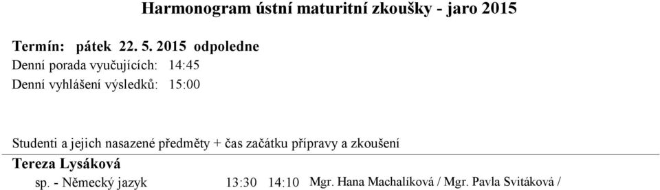 vyhlášení výsledků: 15:00 Harmonogram ústní maturitní