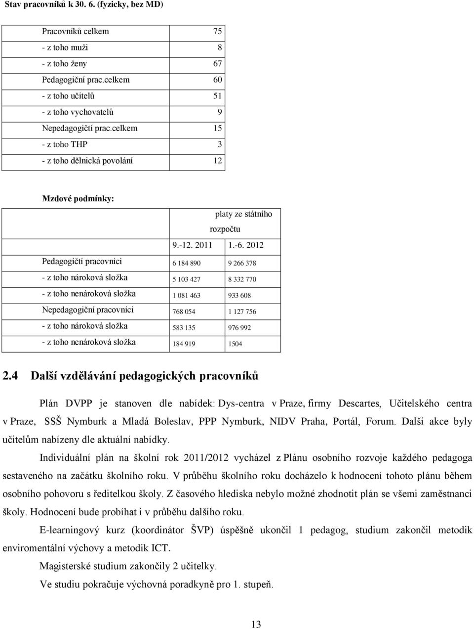 2012 Pedagogičtí pracovníci 6 184 890 9 266 378 - z toho nároková složka 5 103 427 8 332 770 - z toho nenároková složka 1 081 463 933 608 Nepedagogiční pracovníci 768 054 1 127 756 - z toho nároková