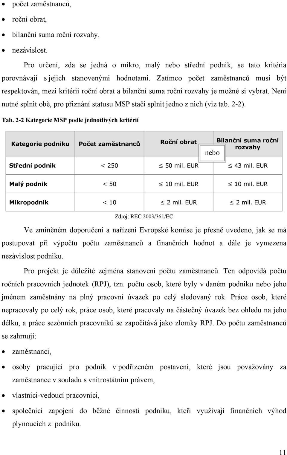 Není nutné splnit obě, pro přiznání statusu MSP stačí splnit jedno z nich (viz tab. 2-2). Tab.