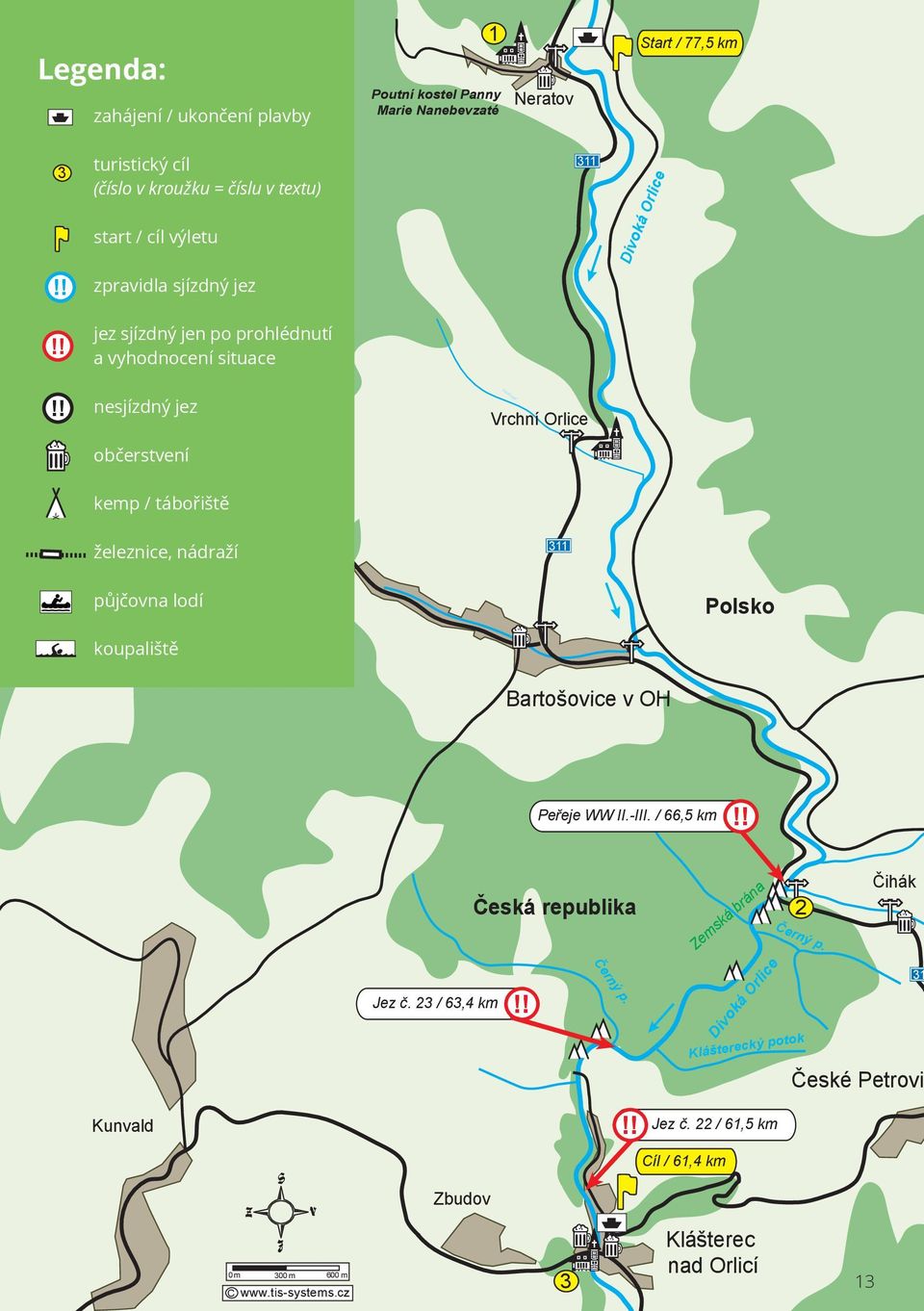 319 železnice, nádraží 311 půjčovna lodí Polsko koupaliště Bartošovice v OH Peřeje WW II.-III. / 66,5 km Jez č. 23 / 63,4 km Česká republika Černý p.