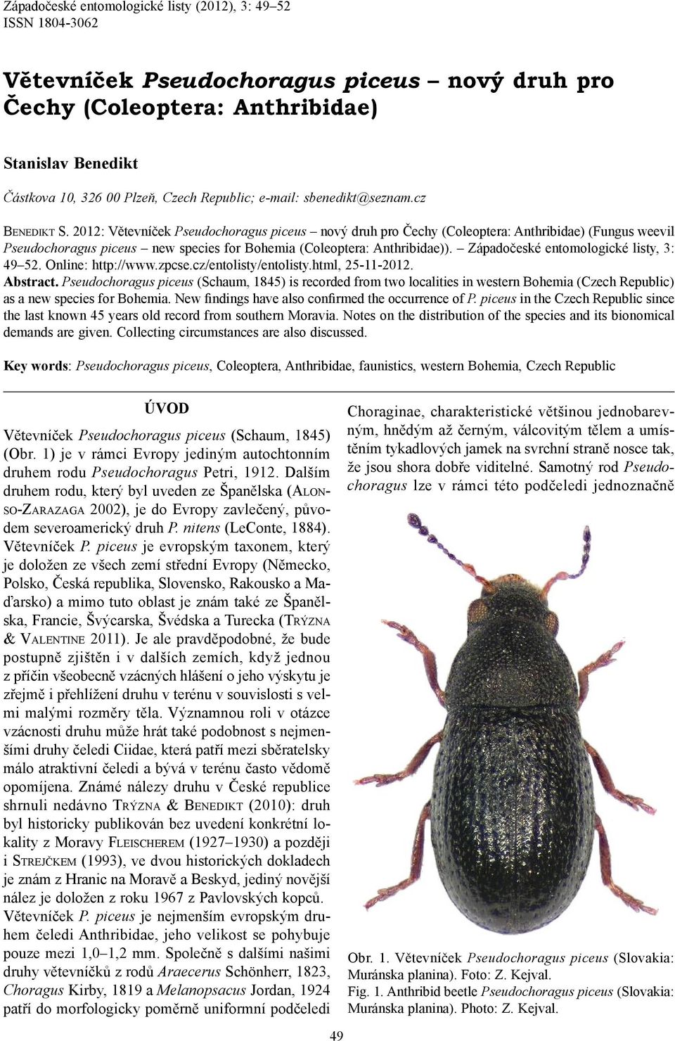 2012: Větevníček Pseudochoragus piceus nový druh pro Čechy (Coleoptera: Anthribidae) (Fungus weevil Pseudochoragus piceus new species for Bohemia (Coleoptera: Anthribidae)).