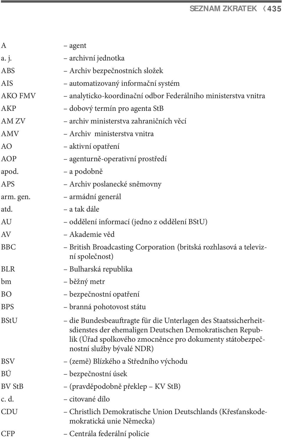 archiv ministerstva zahraničních věcí AMV Archiv ministerstva vnitra AO aktivní opatření AOP agenturně-operativní prostředí apod. a podobně APS Archiv poslanecké sněmovny arm. gen.