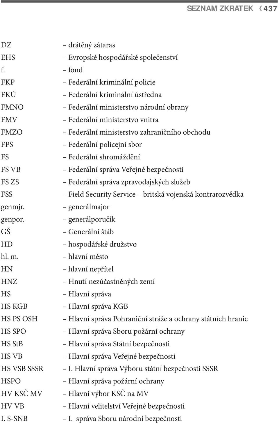 FPS Federální policejní sbor FS Federální shromáždění FS VB Federální správa Veřejné bezpečnosti FS ZS Federální správa zpravodajských služeb FSS Field Security Service britská vojenská