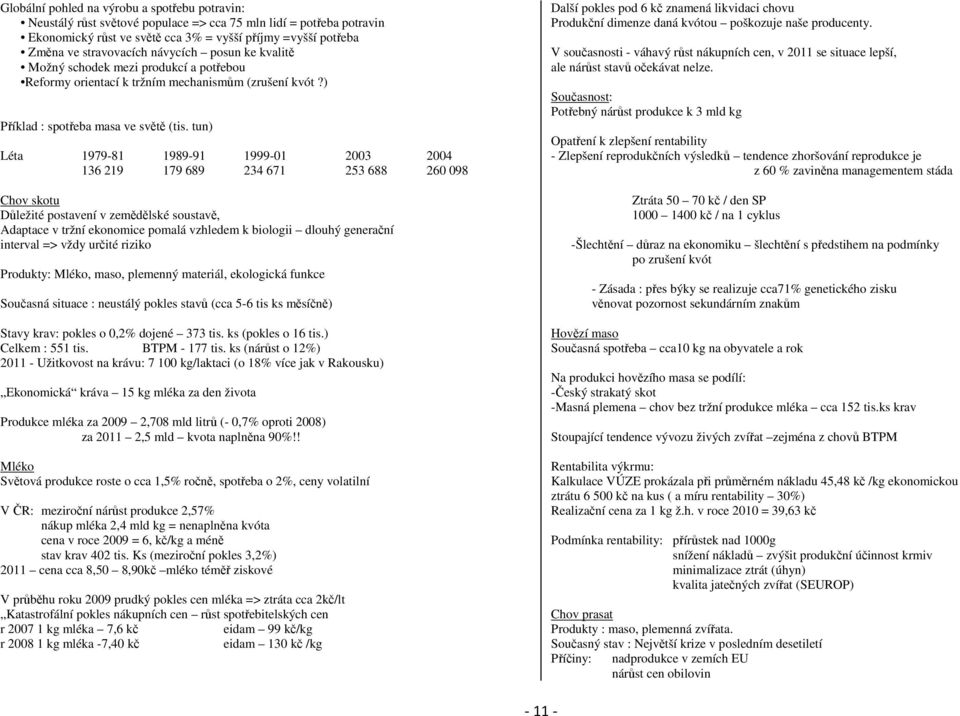 tun) Léta 1979-81 1989-91 1999-01 2003 2004 136 219 179 689 234 671 253 688 260 098 Chov skotu Důležité postavení v zemědělské soustavě, Adaptace v tržní ekonomice pomalá vzhledem k biologii dlouhý